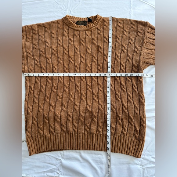Vintage Eddie Bauer Men L Cable Knit Fisherman Cotton Crewneck Sweater Brown Tan - Picture 4 of 7